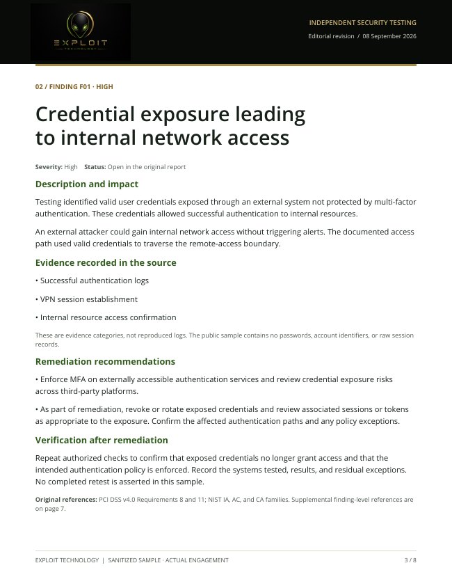 Actual sample report: credential exposure finding and remediation guidance