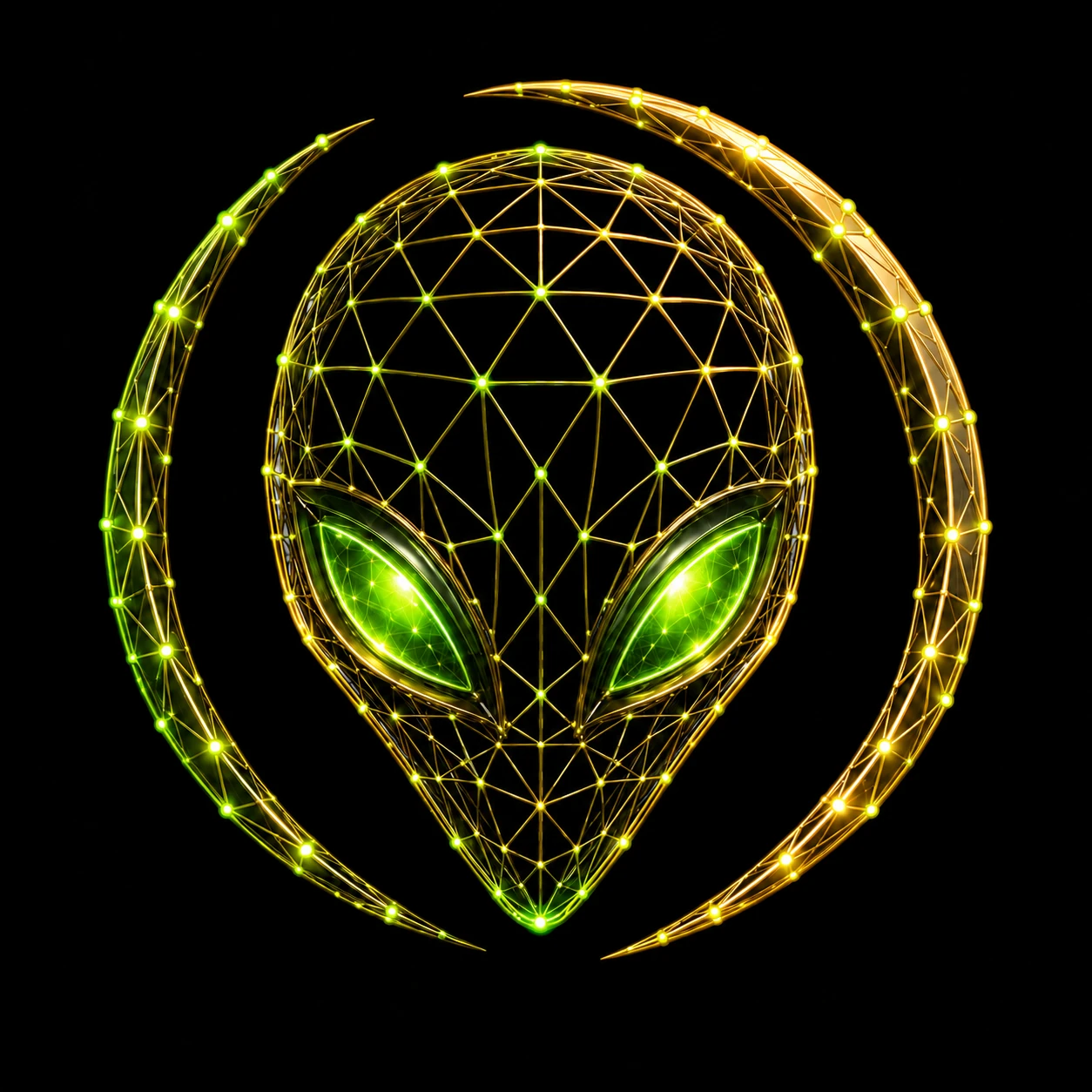 Exploit Technology alien-head galaxy with green eyes and a gold orbit